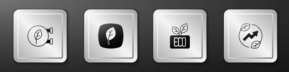 Set Eco shop, Leaf symbol,  and Electric saving plug in leaf icon. Silver s.. 스톡 일러스트