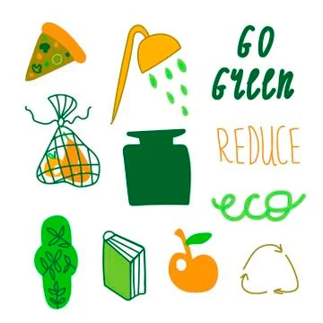 Set of ecological illustrations in green,orange.A collection of images Stock Illustration