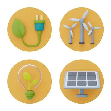 Set of ecology and alternative source of electricity symbol, 3d rendering. Stock Illustration