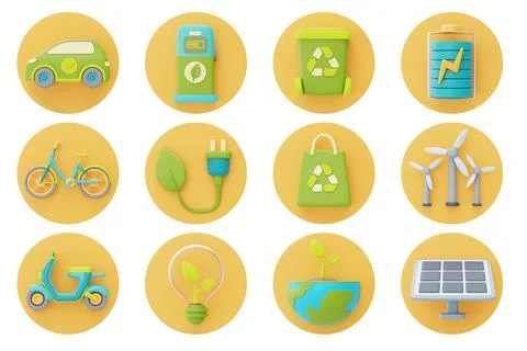 Set of ecology and alternative source of electricity symbol, 3d rendering. Stock Illustration