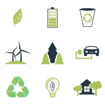 Set ecology icons collection in flat design. Clean air, recyclable item for web Stock Illustration