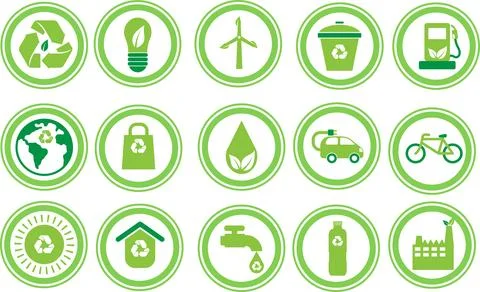Set Ecology icons, Vector green environmental icons collection in a circle Stock Illustration