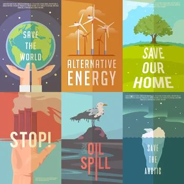 Set of ecology posters on the themes of save the world, alternative energy,.. Stock Illustration