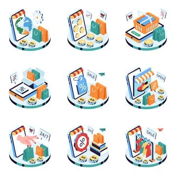 Set of Ecommerce Isometric Illustrations Stock Illustration