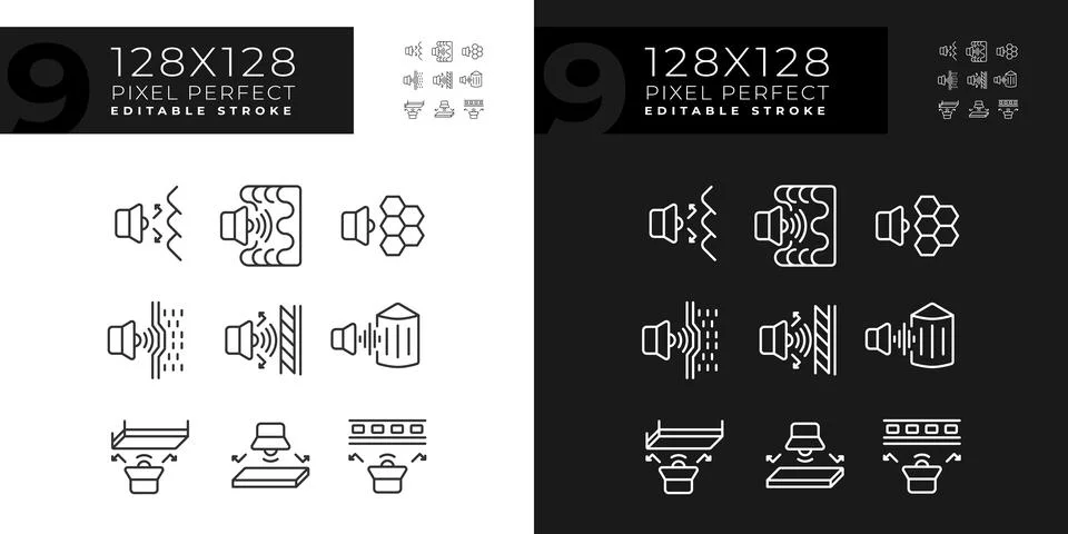 Set of editable light and dark soundproofing icons Stock Illustration