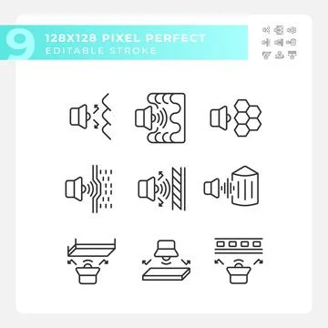 Set of editable pixel perfect black soundproofing icons Stock Illustration