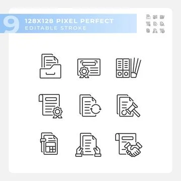 Set of editable pixel perfect black document icons 스톡 일러스트