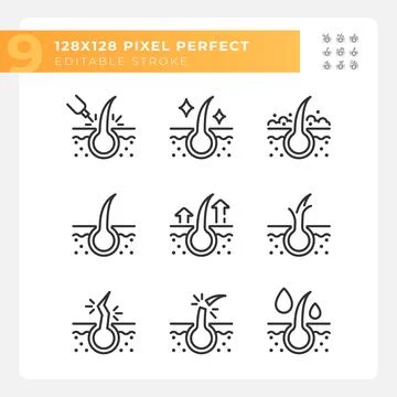 Set of editable pixel perfect black haircare icons Stock Illustration