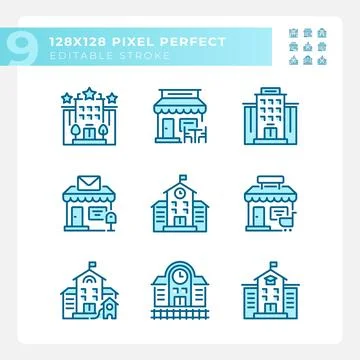 Set of editable pixel perfect blue building icons Ilustración de archivo