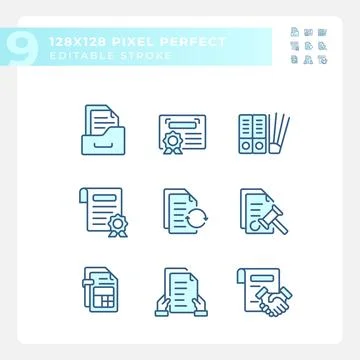 Set of editable pixel perfect blue document icons Stock Illustration
