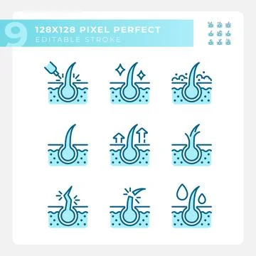 Set of editable pixel perfect blue haircare icons Stock Illustration