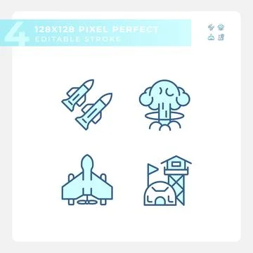 Set of editable pixel perfect blue weapons icons Stock Illustration