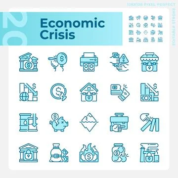 Set of editable pixel perfect blue economic crisis icons Illustrazione stock