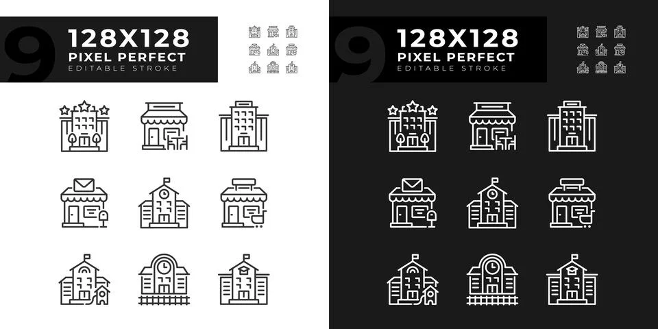 Set of editable pixel perfect building icons Ilustración de archivo