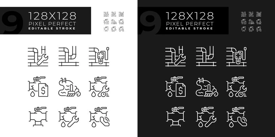 Set of editable pixel perfect dark and light plumbing icons Stock Illustration