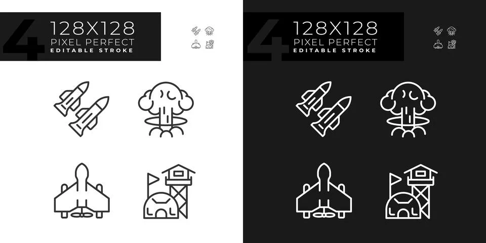 Set of editable pixel perfect light and dark weapons icons Stock Illustration