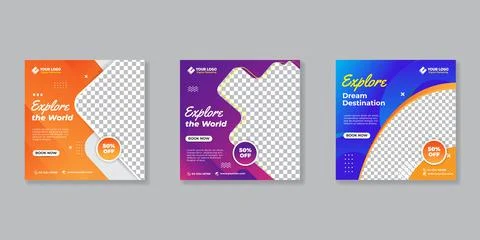 Set of Editable square banner for Travel social media post, Template banner f Stock Illustration
