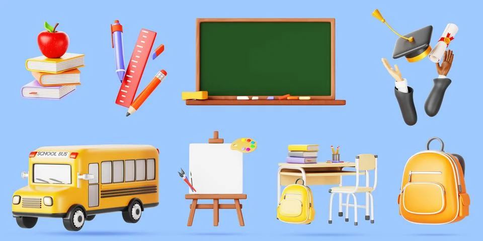 Set of education 3d icon render. School bus, backpack, book, apple, blackboard イラスト素材