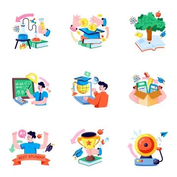 Set of Education and Learning Flat Illustrations Stock Illustration