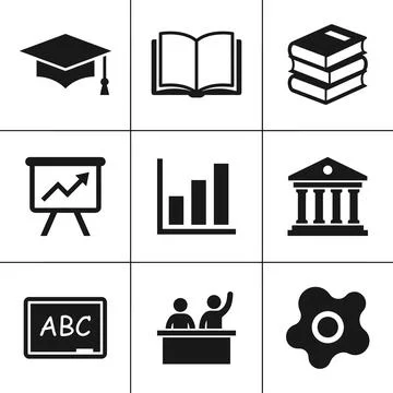 Set of Education and Learning Icons in Black and White. 库存插图
