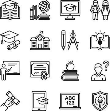 Set of Education and Learning Icons Representing Knowledge and Schooling. Illustrazione stock