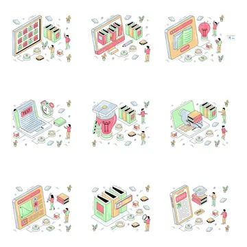 Set of Education and Learning Isometric Illustrations Stock Illustration