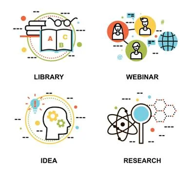 Set of education concepts, library, webinar, and research process Stock Illustration