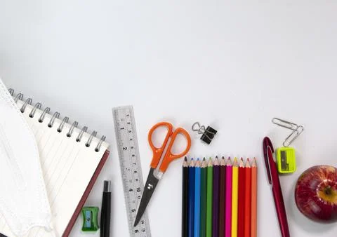 Set of Education elements concepts, color pencils, face mask, paper clips, sc Stock Photos