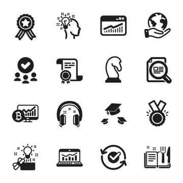 Set of Education icons, such as Web analytics, Check article, Website statistics Stock Illustration