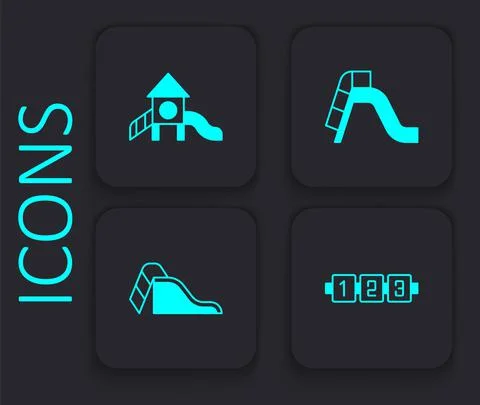 Set Education logic game, Slide playground, and icon. Black square button Stock Illustration
