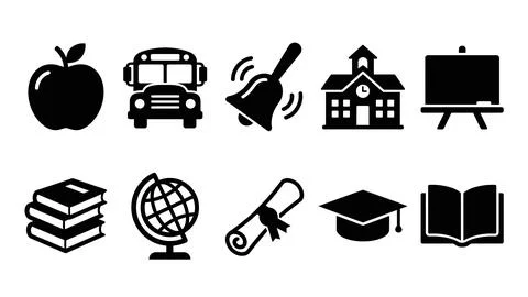 Set of education vector icons, apple, school bus, ringing bell, school buil.. Stock Illustration