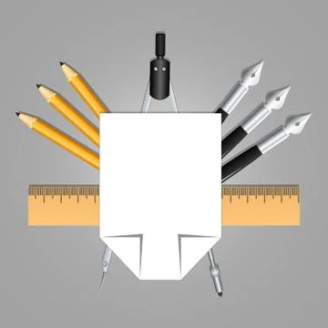 Set of educational decoration tools. Sheets of paper, pencils, pens, Stock Illustration