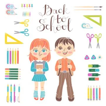 Set educational elements of design. Students girl and boy. Stationery. Lettering Stock Illustration