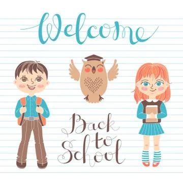 Set educational elements of design. Students girl and boy. Owl. Lettering Stock Illustration