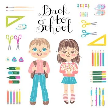 Set educational elements of design. Students girl and boy. Stationery. Lettering Stock Illustration