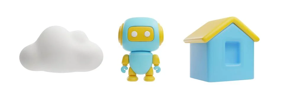 Set of educational vector 3D toys with robot and house and cloud. Stock Illustration