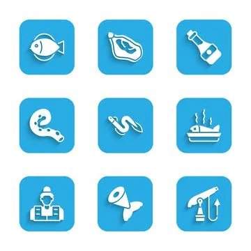 Set Eel fish, Fish tail, Fishing harpoon, Served plate, Fisherman, Octopus of Stock Illustration
