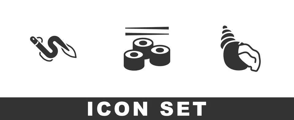 Set Eel fish, Sushi and Scallop sea shell icon. Vector Illustrazione stock