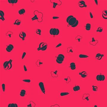 Set Eggplant, Broccoli, Onion and Pumpkin on seamless pattern. Vector Stock Illustration