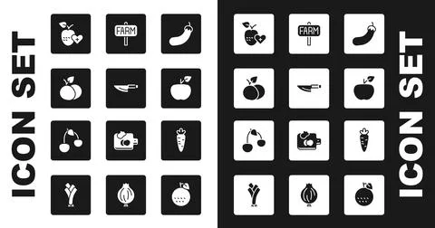 Set Eggplant, Knife, Mango fruit, Healthy, Apple, Location farm, Carrot and Stock Illustration