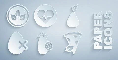 Set Eggplant, Pear, No egg, Vegan pizza slice, Heart rate and food diet ico.. Stock Illustration