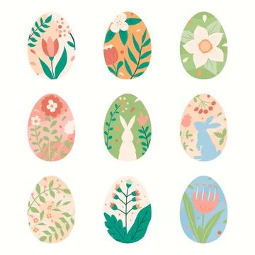 Set of eggs with hand drawn Easter decorations in pastel colors. Happy Easter Stock Illustration