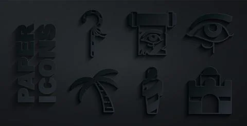 Set Egypt mummy, Eye of Horus, Tropical palm tree, Egyptian house, on papyr.. Stock Illustration