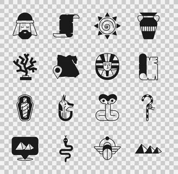 Set Egypt pyramids, Crook, Papyrus scroll, Sun, Map of, Coral, Egyptian man and Stock Illustration