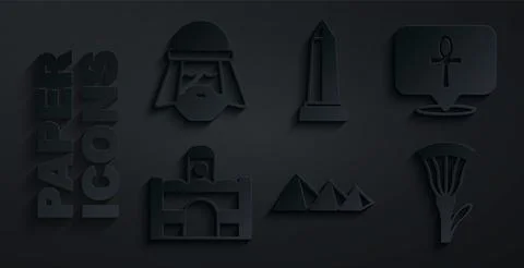 Set Egypt pyramids, Cross ankh, Egyptian house, lotus, Obelisk of Alexandria and Ilustración de archivo