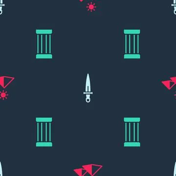 Set Egypt pyramids, Dagger and Ancient column on seamless pattern. Vector Stock Illustration