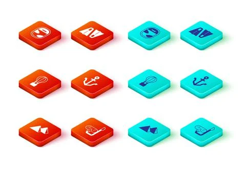 Set Egypt pyramids, Diving mask and snorkel, Hot air balloon, Anchor, Rubber Stock Illustration