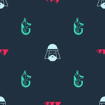 Set Egypt pyramids, Egyptian man and anubis on seamless pattern. Vector Stock Illustration