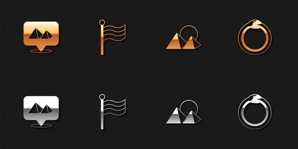 Set Egypt pyramids, Flag Of,  and Magic symbol of Ouroboros icon. Vector Illustrazione stock