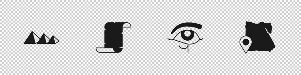 Set Egypt pyramids, Papyrus scroll, Eye of Horus and Map icon. Vector イラスト素材